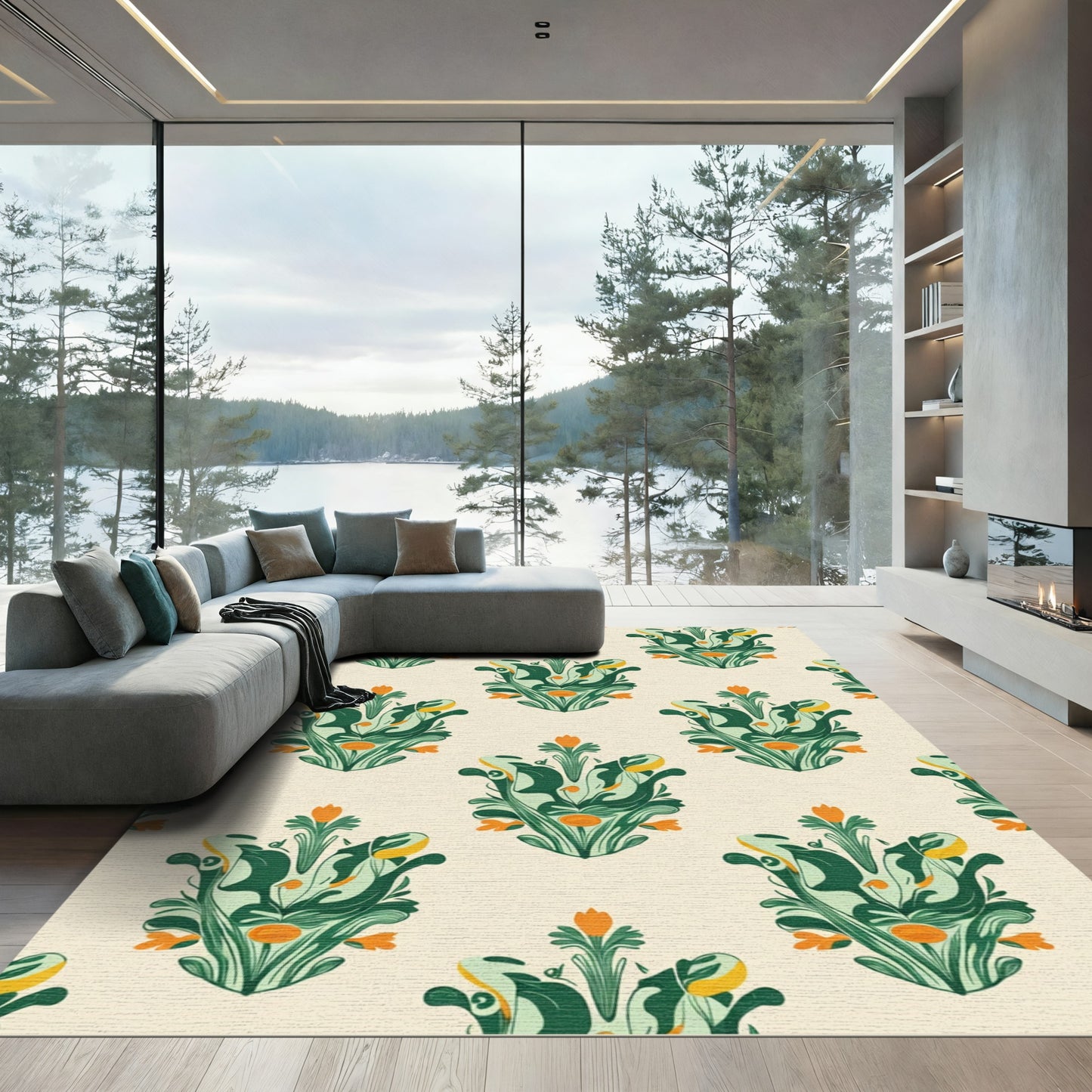 Emerald Green Floral Crest Rug