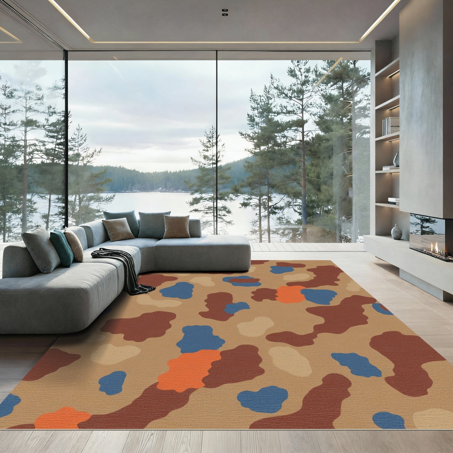 Brown Blue Abstract Camouflage Shapes Rug