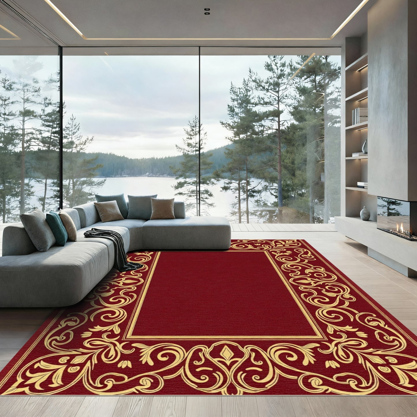 Golden Vineyard Scroll Border Rug