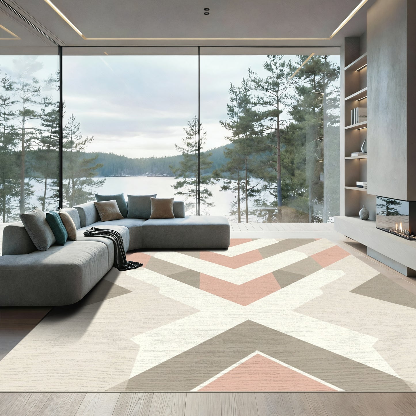 Geometric Pink and Gray Chevron Rug