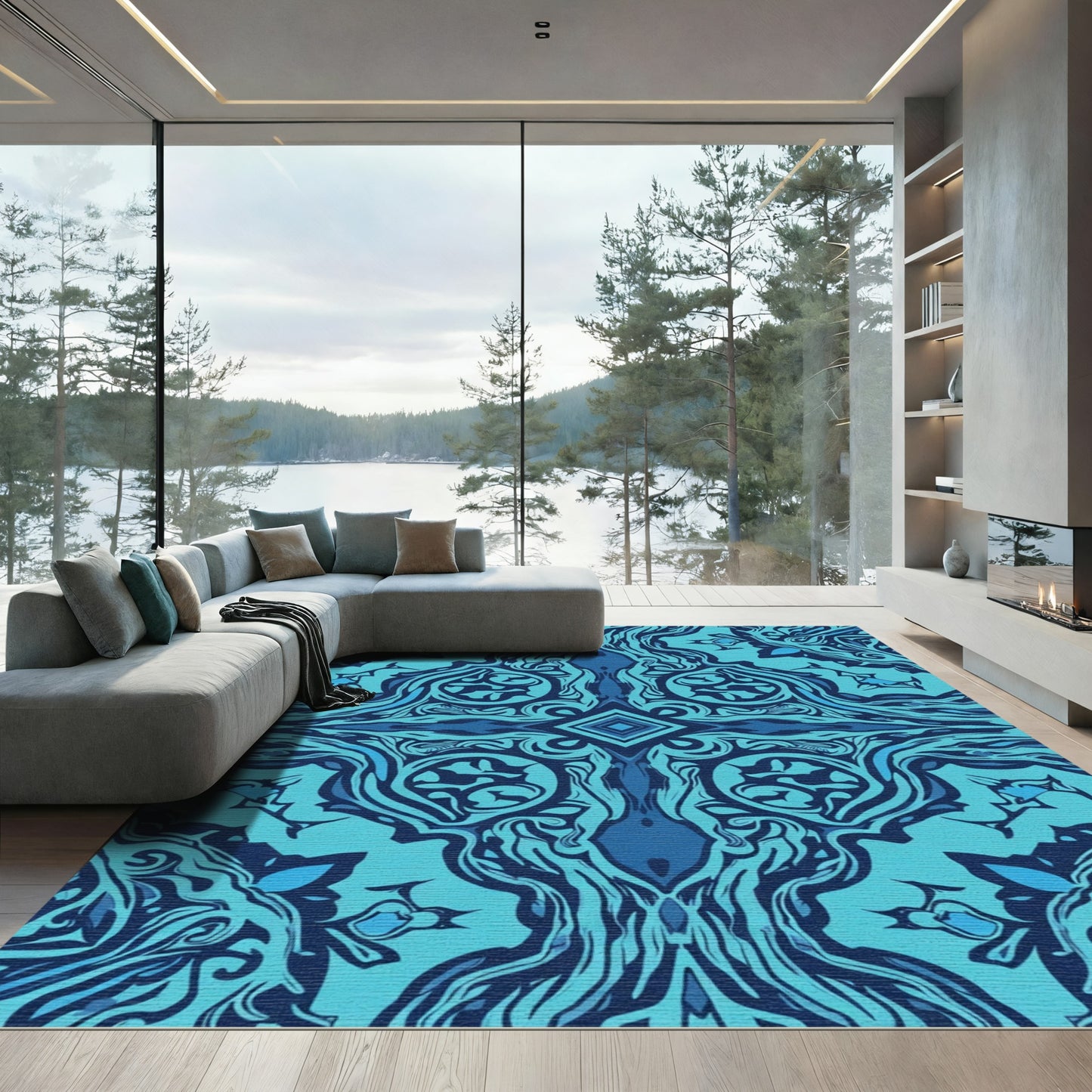 Deep Blue Symmetrical Abstract Swirl Rug