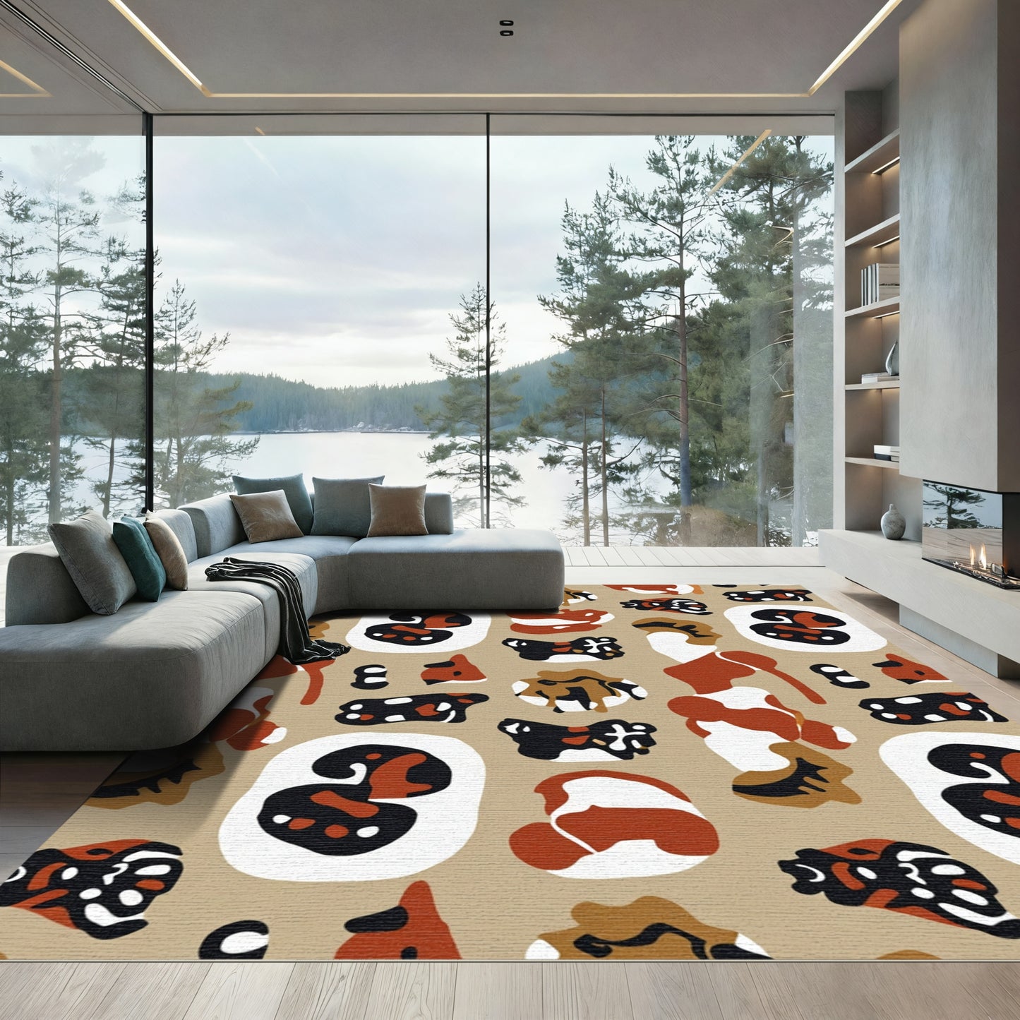 Brown White Black Abstract Shapes Rug