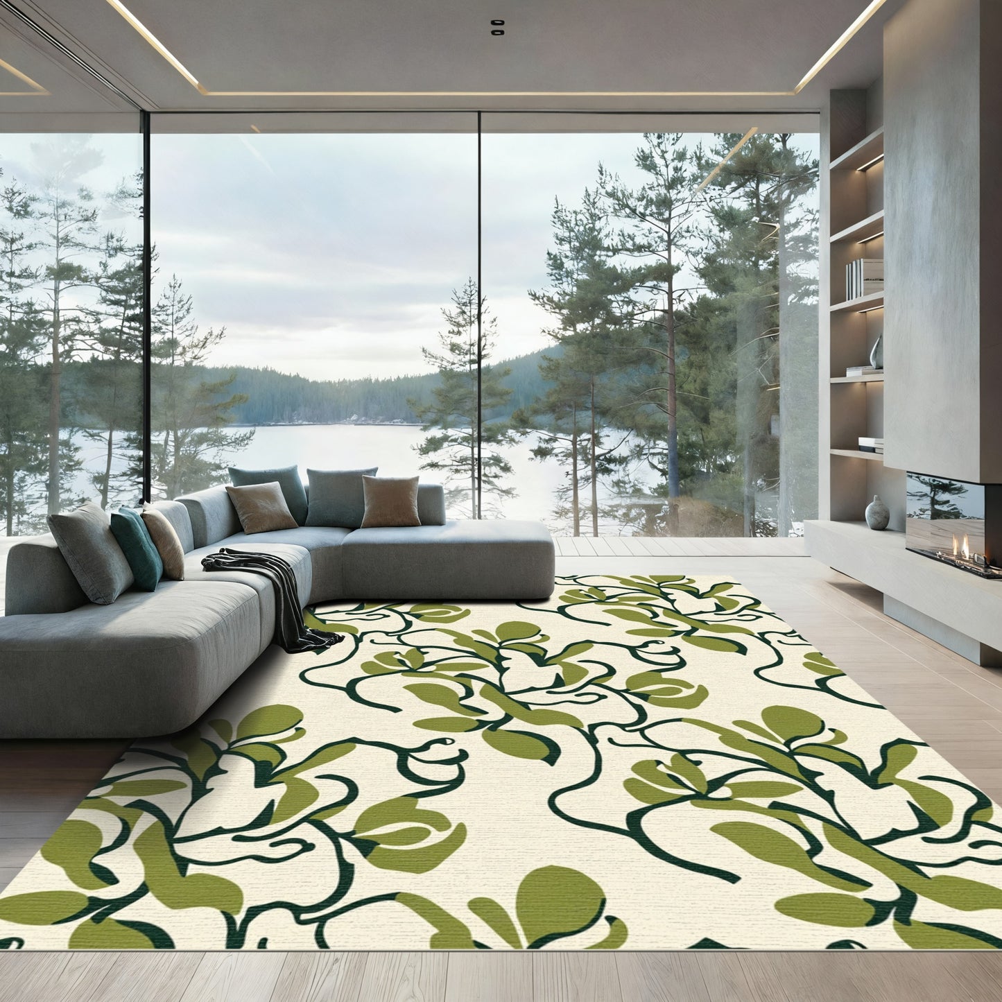 Cream Olive Vine Swirl Fabric Rug