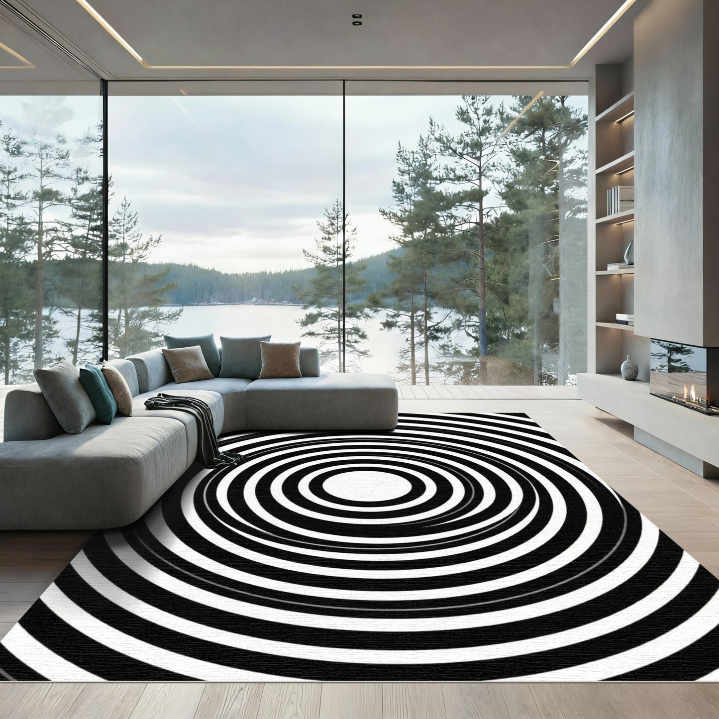 Black White Concentric Circles Rug
