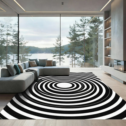 Black White Concentric Circles Rug