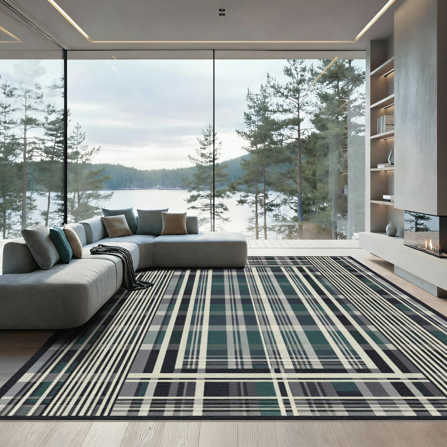 Dark Teal Plaid Grid Lines Rug