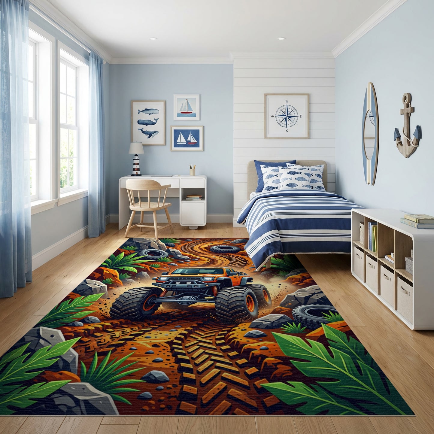 Vibrant Monster Truck Jungle Trail Rug