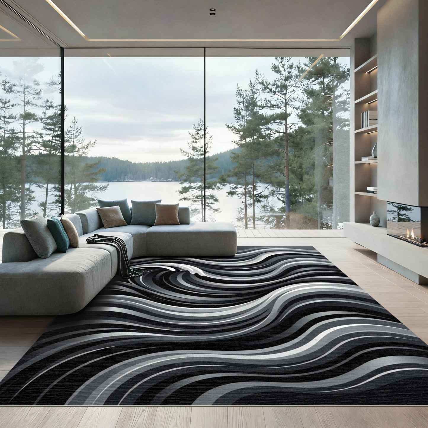 Monochrome Abstract Wave Rug