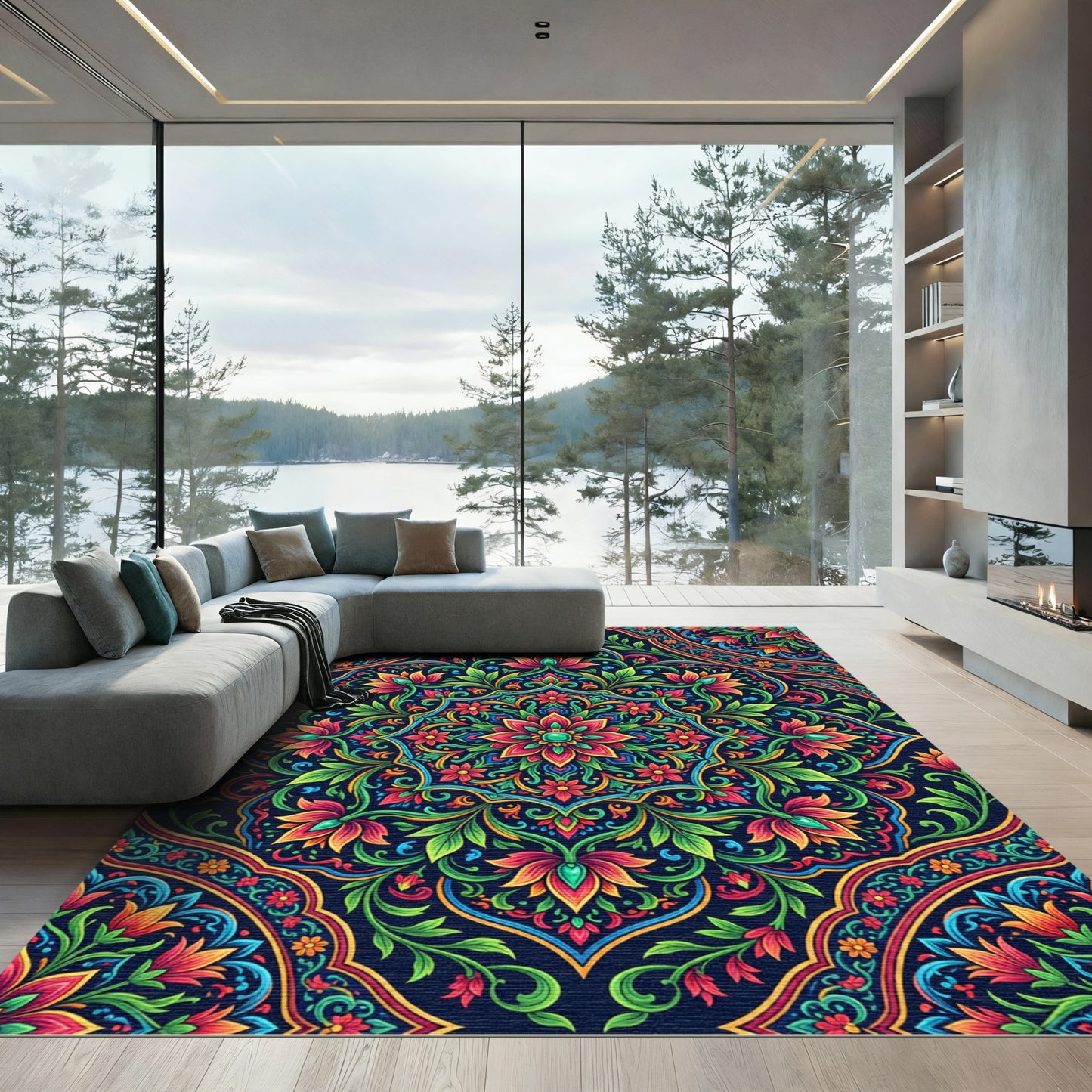 Vibrant Floral Mandala Art Nouveau Rug