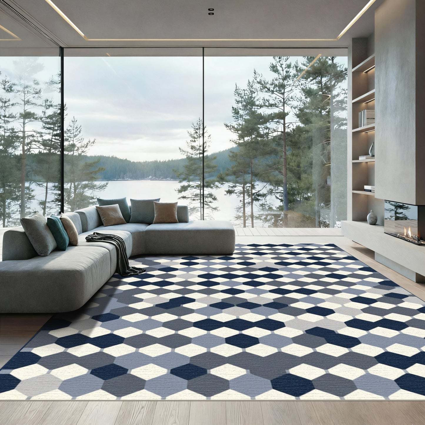 Navy Blue Gray Hexagon Tessellation Rug