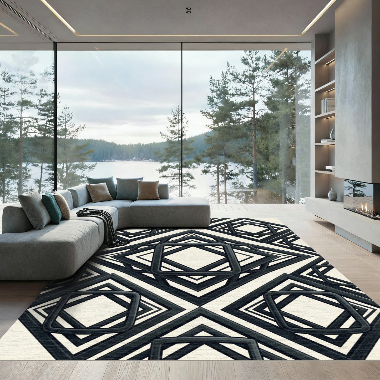 Modern Monochrome Geometric Squared Frame Rug