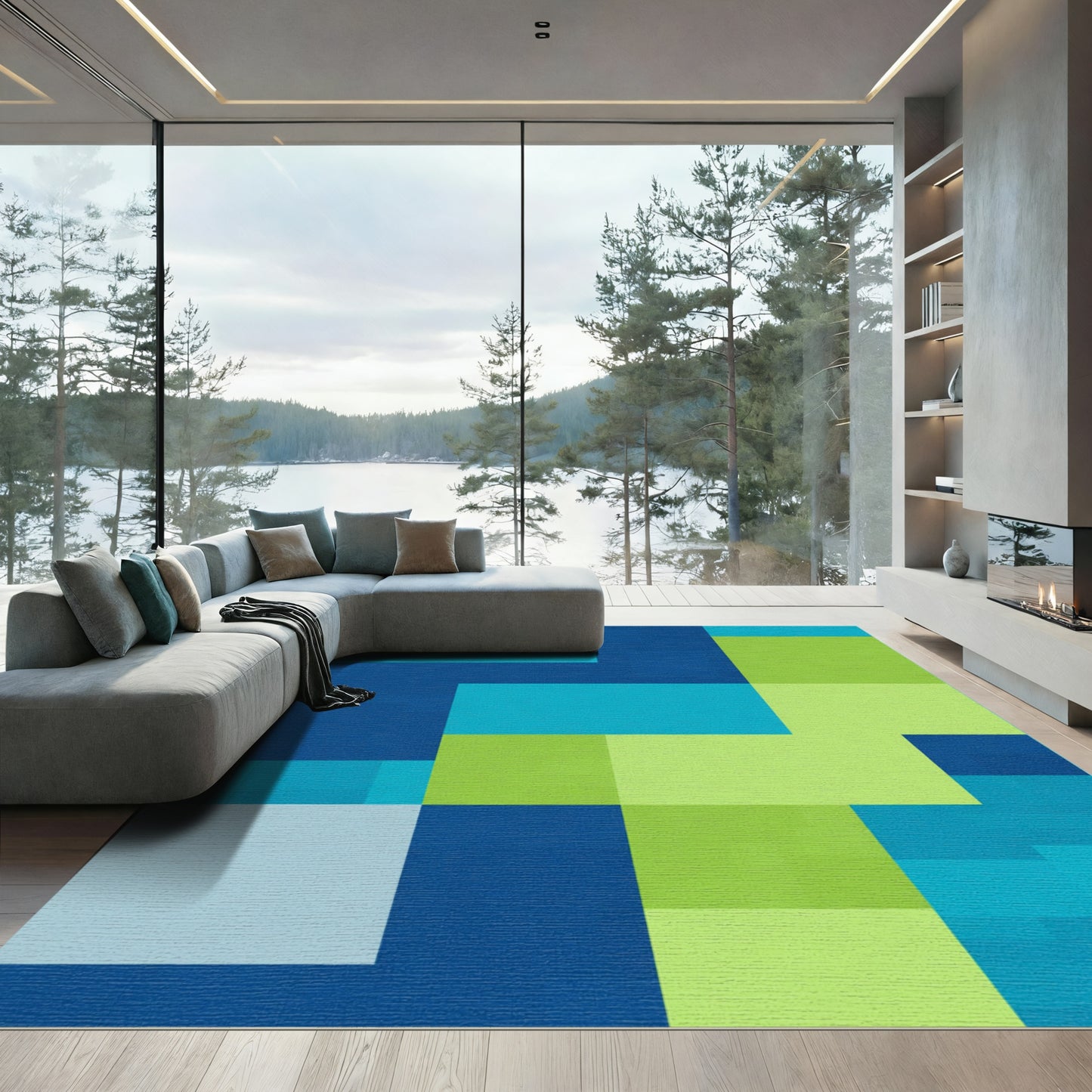 Modern Abstract Teal Blue Squares Rug
