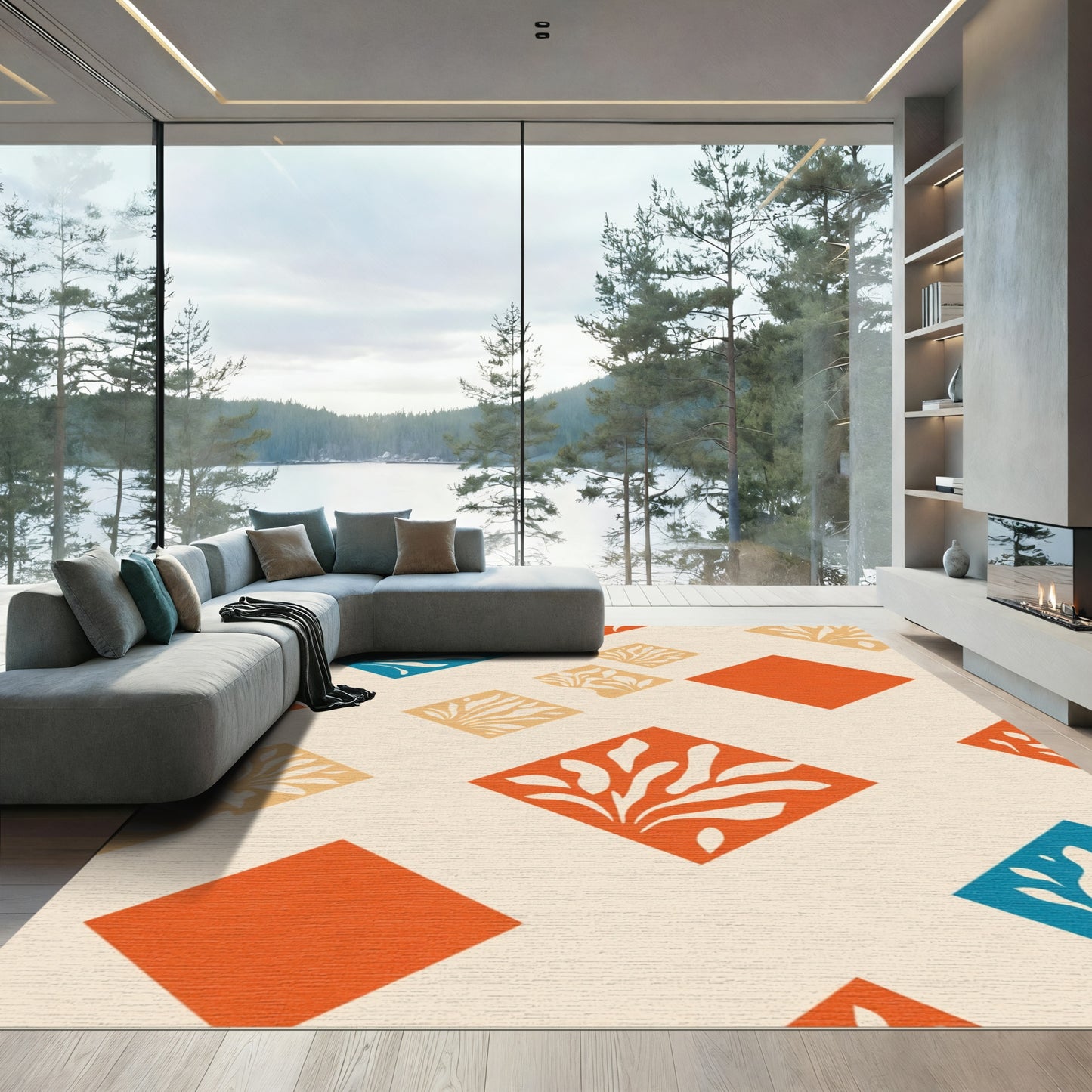 Orange Blue Abstract Diamond Foliage Rug