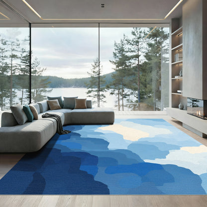 Abstract Blue Cloudscape Layered Rug