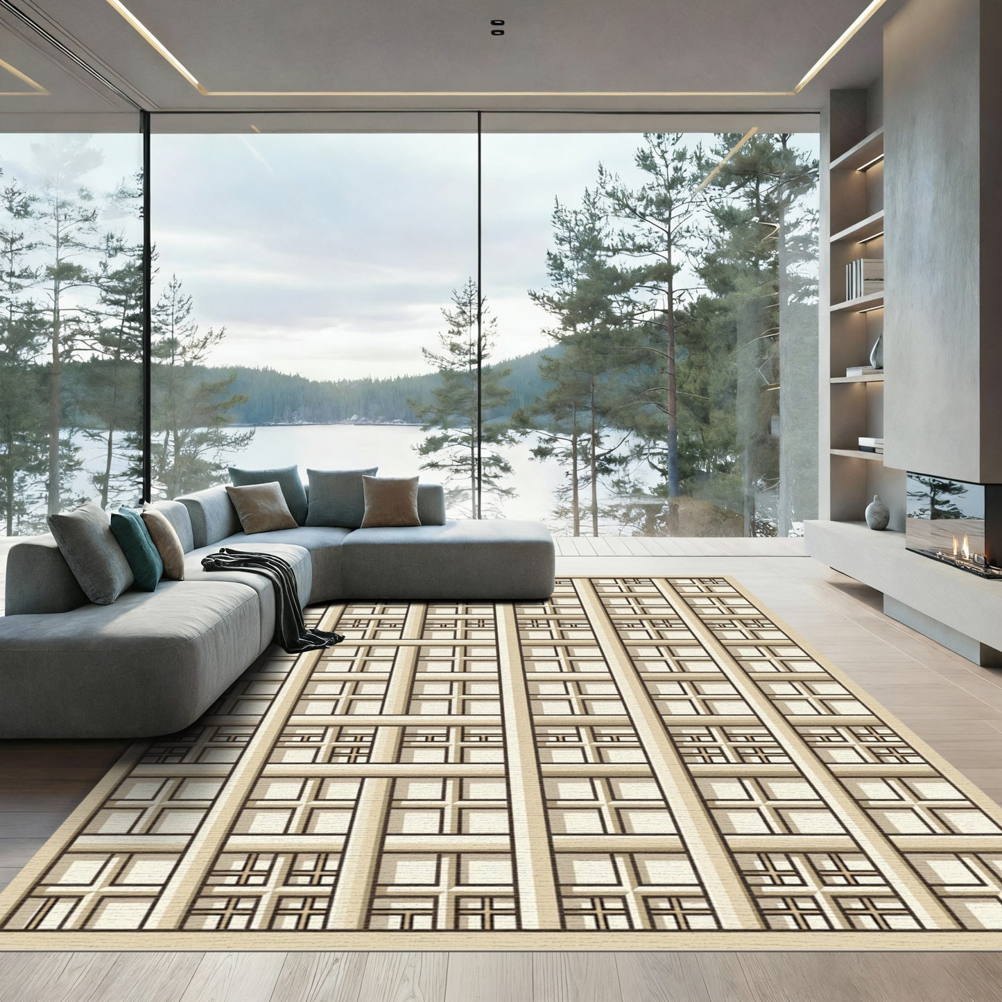 Geometric Ivory Lattice Composition Rug