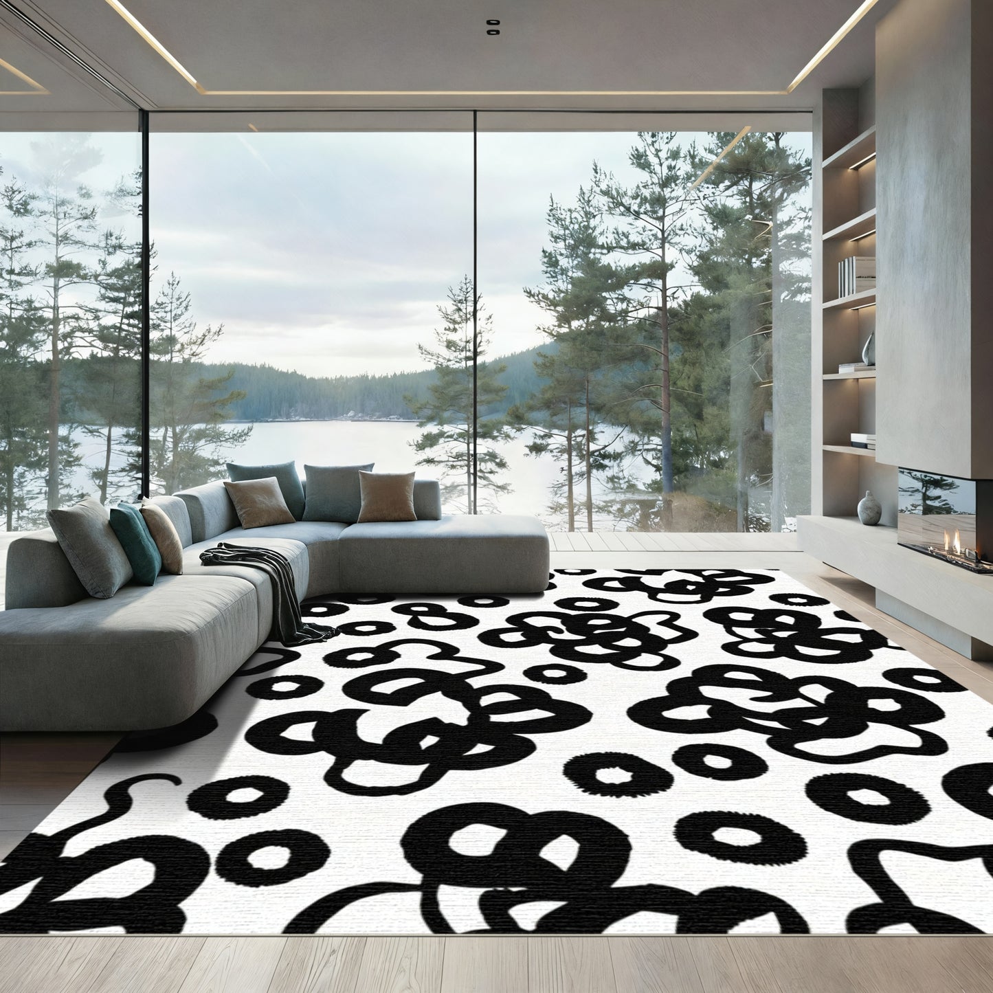 Black Abstract Brushstroke Circles Rug