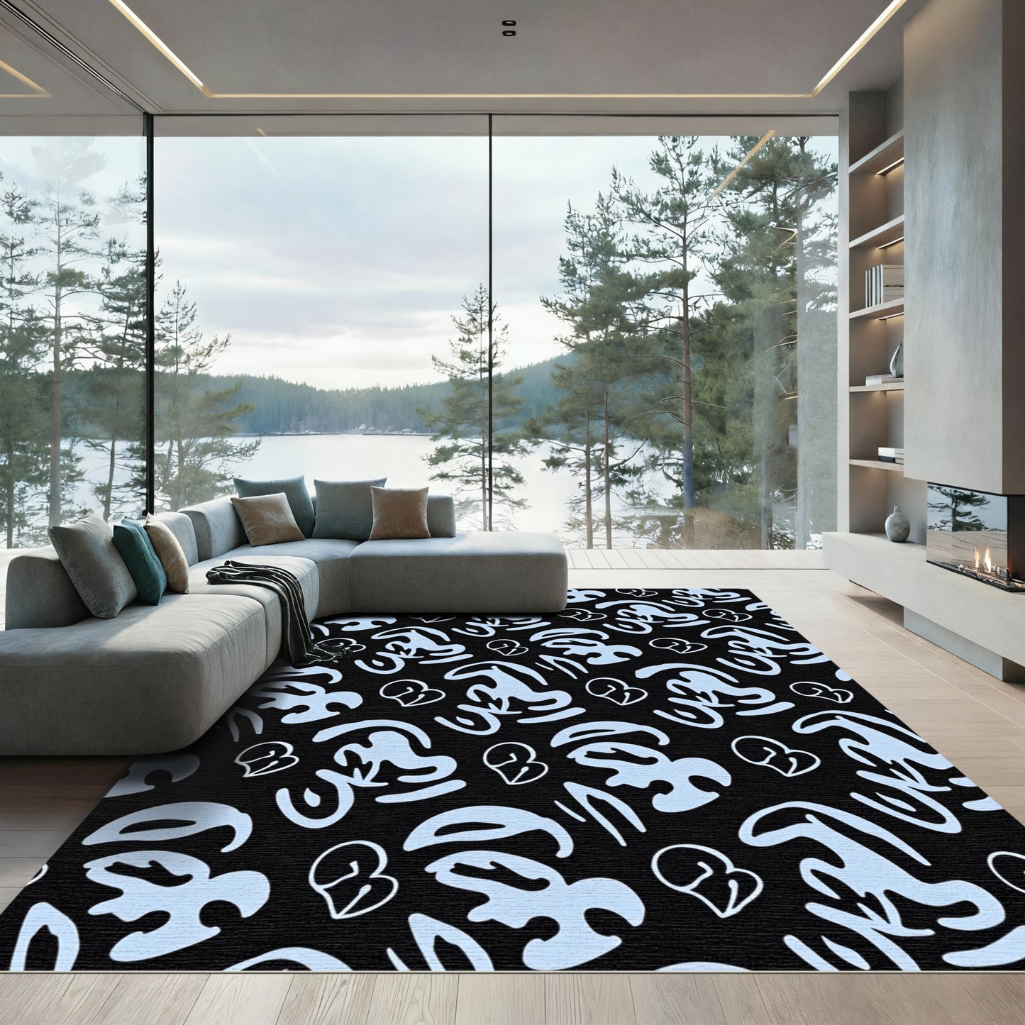 Light Blue Abstract Heart Shapes Black Rug