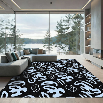 Light Blue Abstract Heart Shapes Black Rug