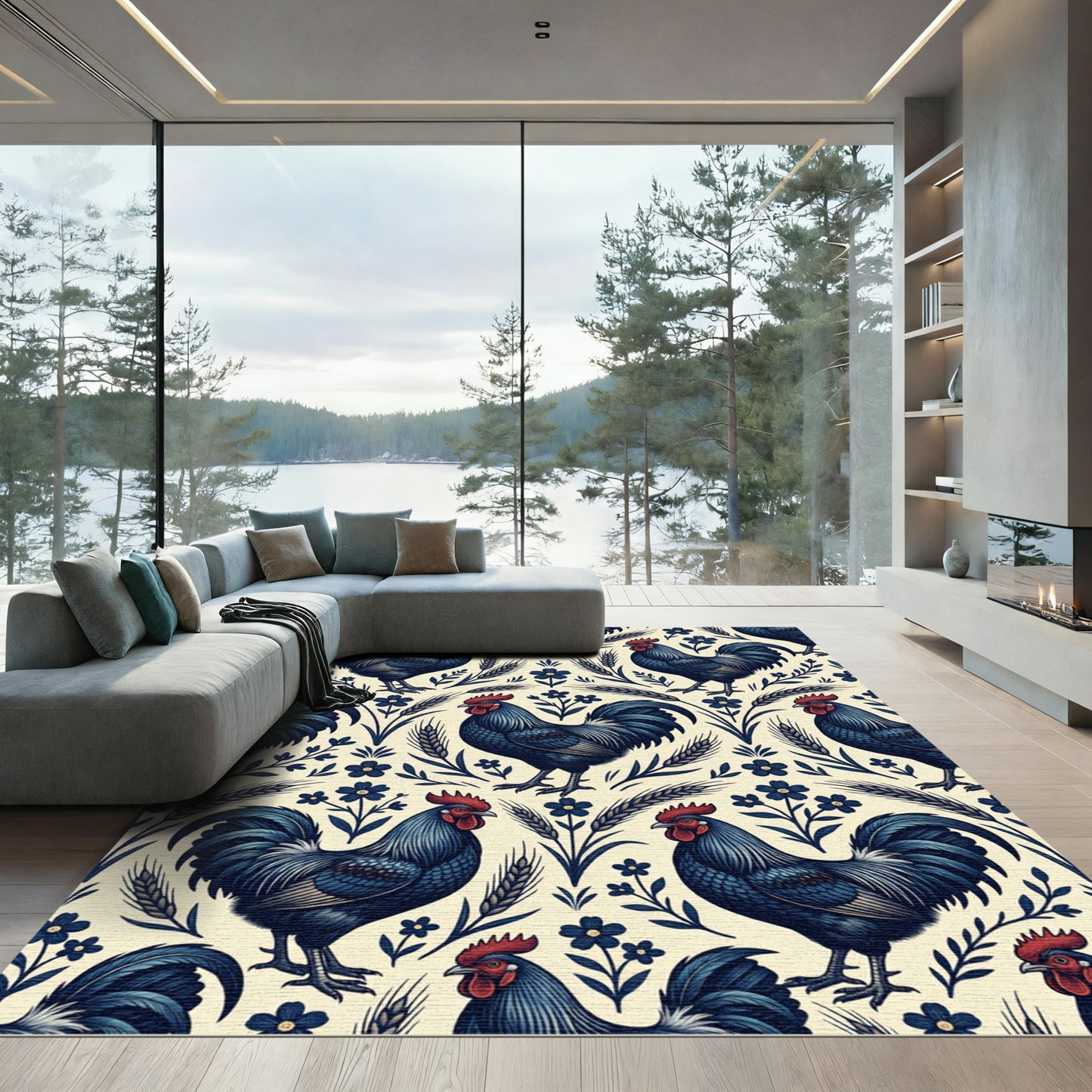Navy Blue Rooster Floral Wheat Folk Rug