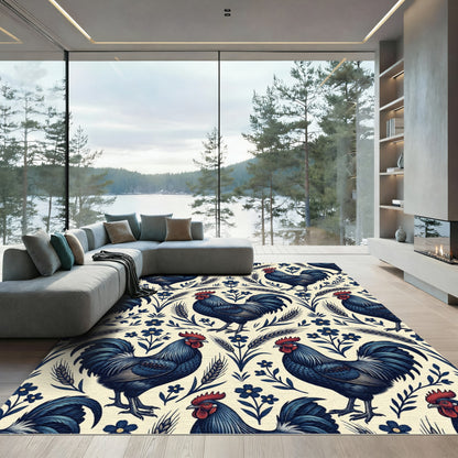 Navy Blue Rooster Floral Wheat Folk Rug