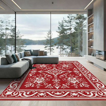 Classic Red White Floral Symmetry Rug