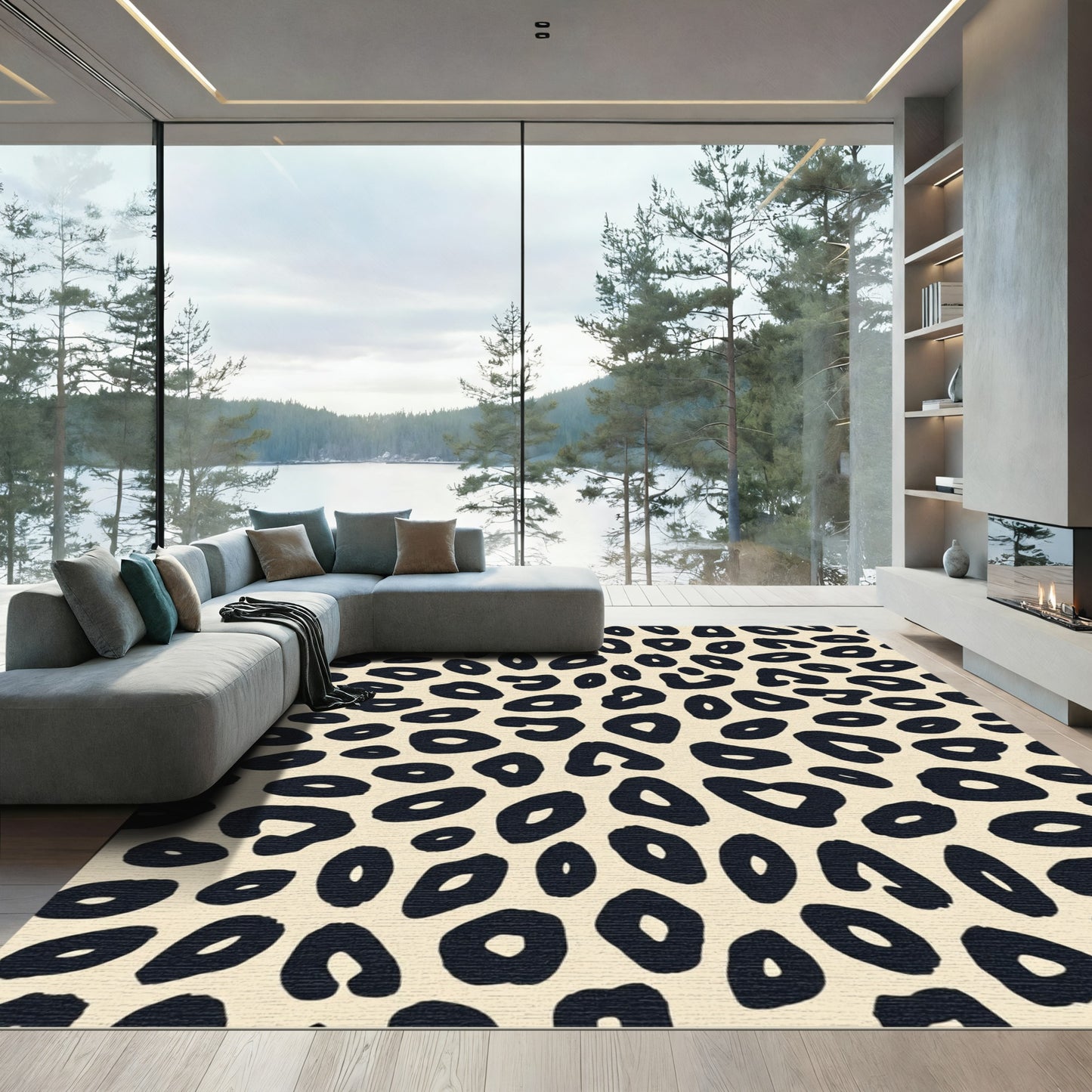 Creamy Beige Black Leopard Spots Rug