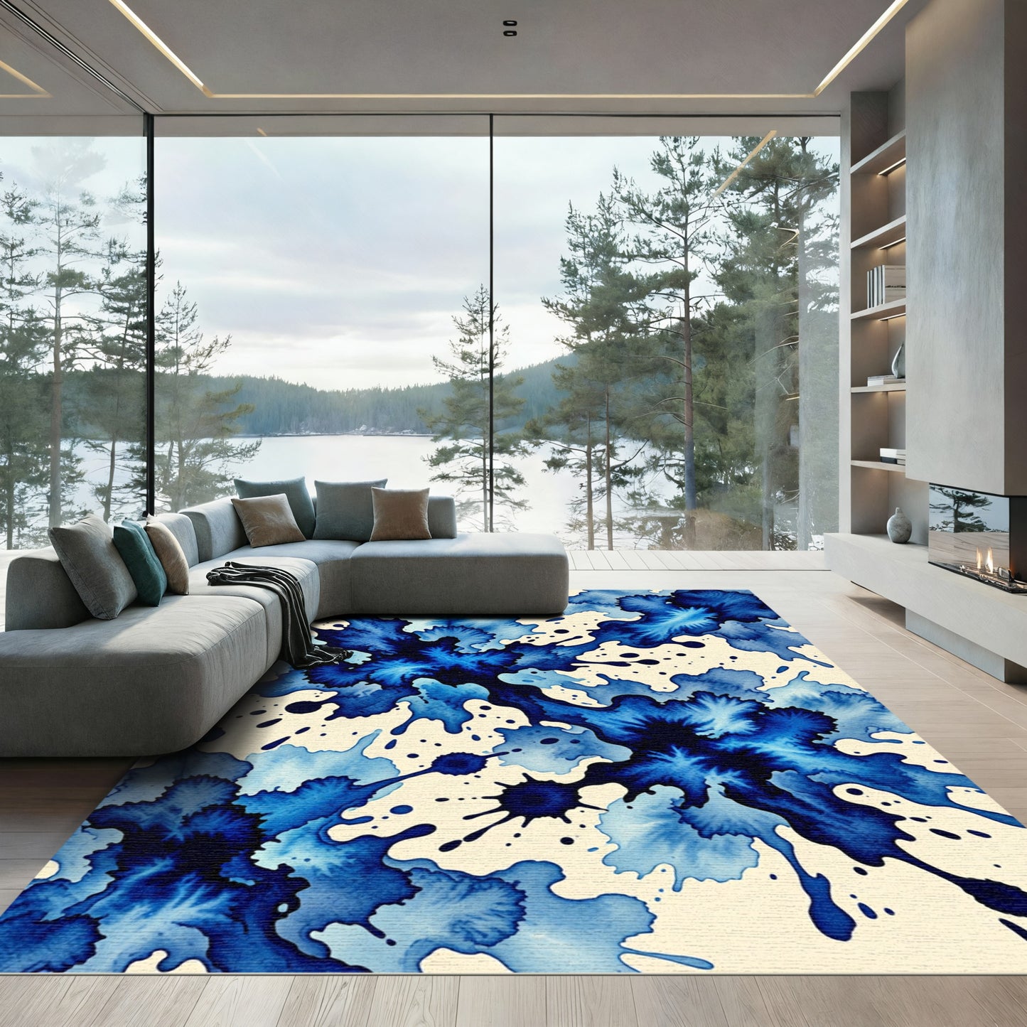 Deep Blue Watercolor Abstract Ink Splatter Rug