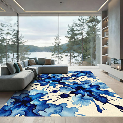 Deep Blue Watercolor Abstract Ink Splatter Rug