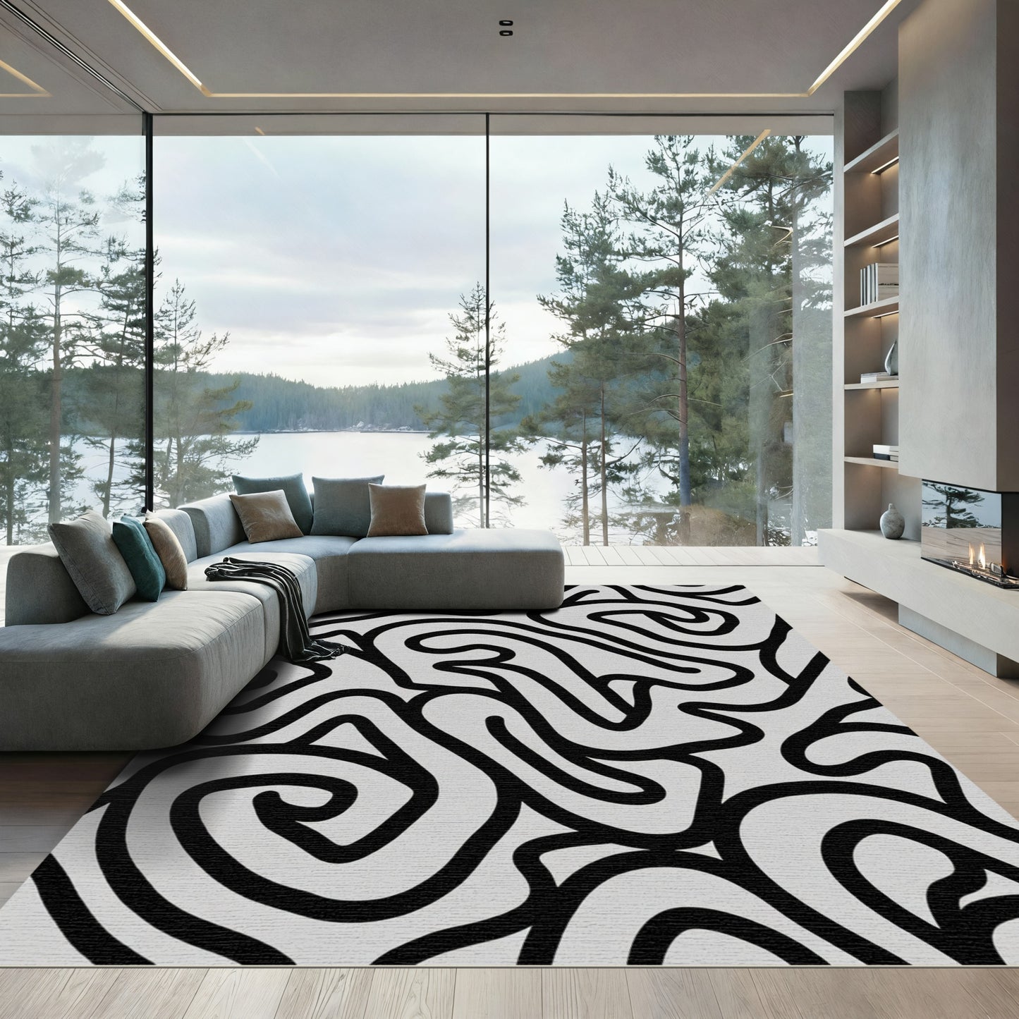 Monochrome Abstract Swirl Ribbon Rug