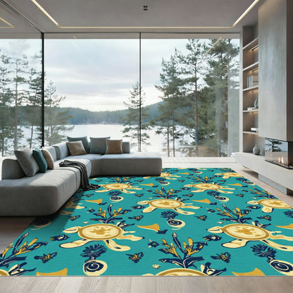Yellow Turtle Teal Floral Medallion Rug
