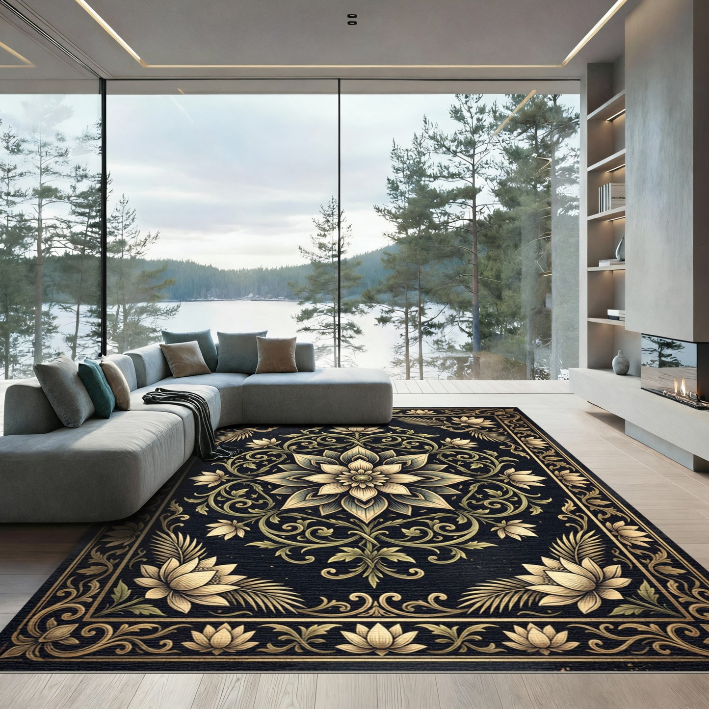 Elegant Golden Lotus Medallion Art Rug