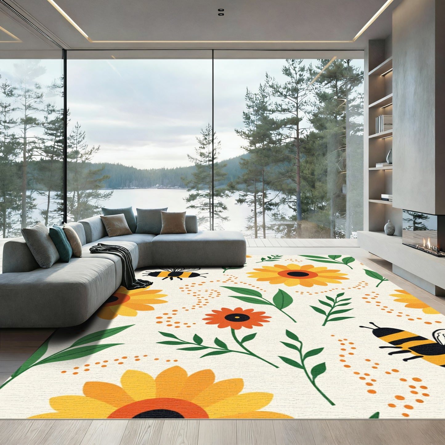 Sunny Yellow Bee Floral Meadow Rug