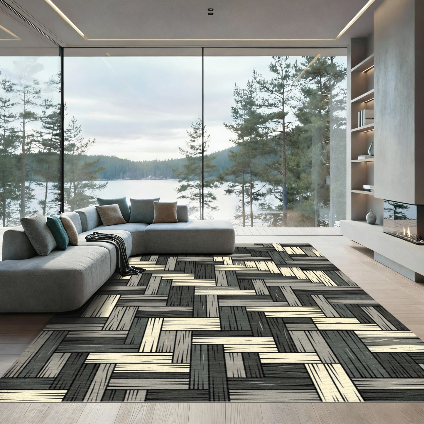 Monochrome Woven Basketwork Geometric Rug