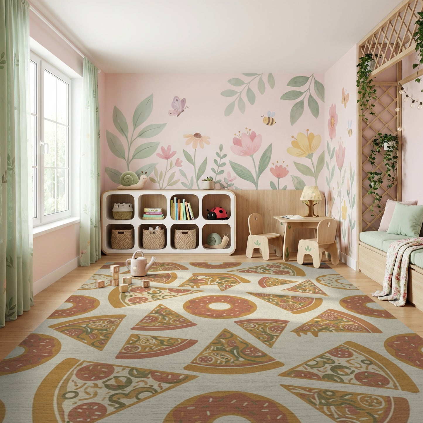 Whimsical Pizza Donut Warm Tones Rug