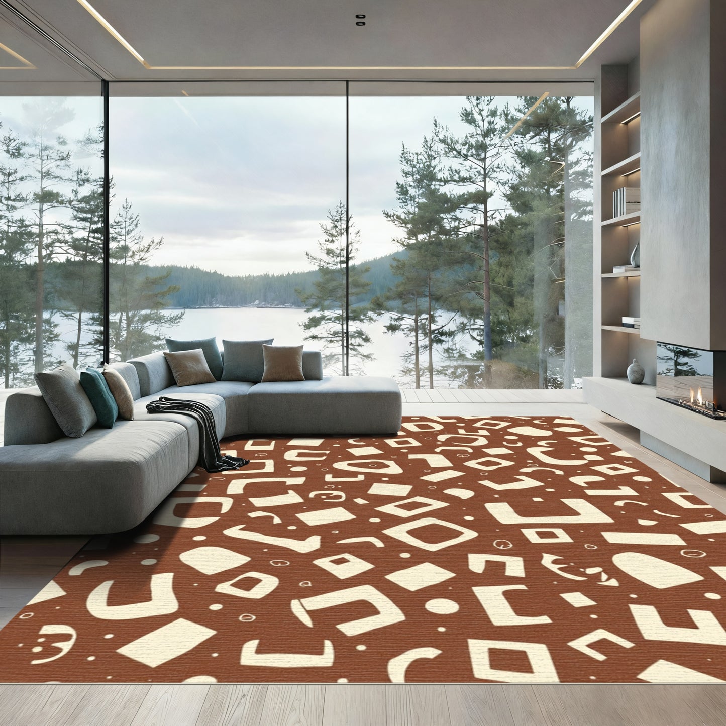 Cream Abstract Shapes Brown Background Rug