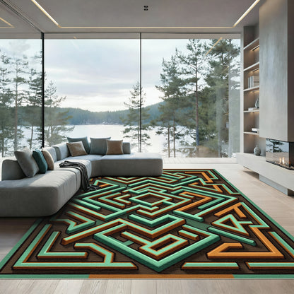 Geometric Teal and Amber Labyrinth Rug