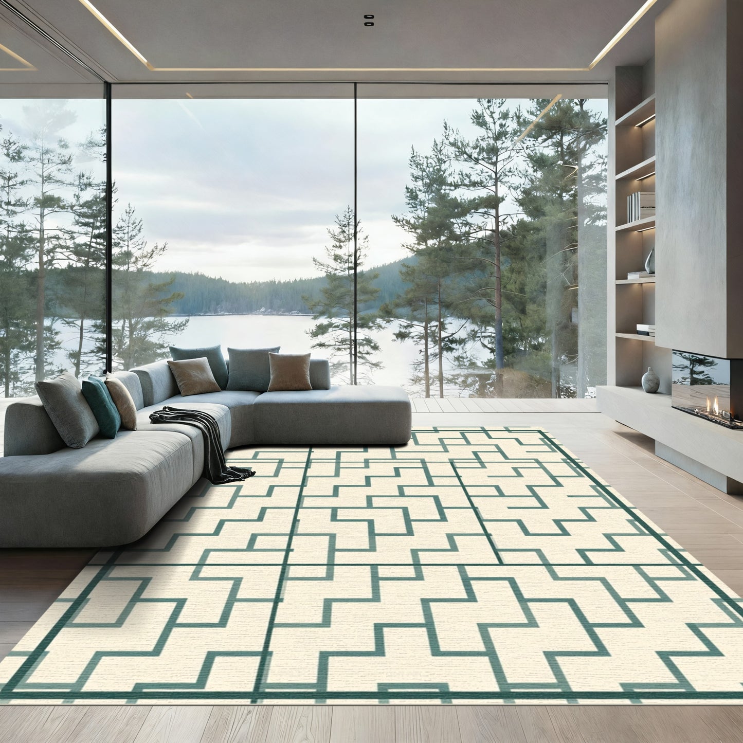 Cream Teal Geometric Labyrinth Rug
