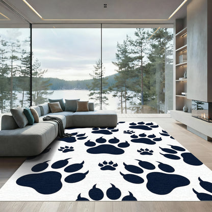 Navy Black Animal Paw Footprint Rug