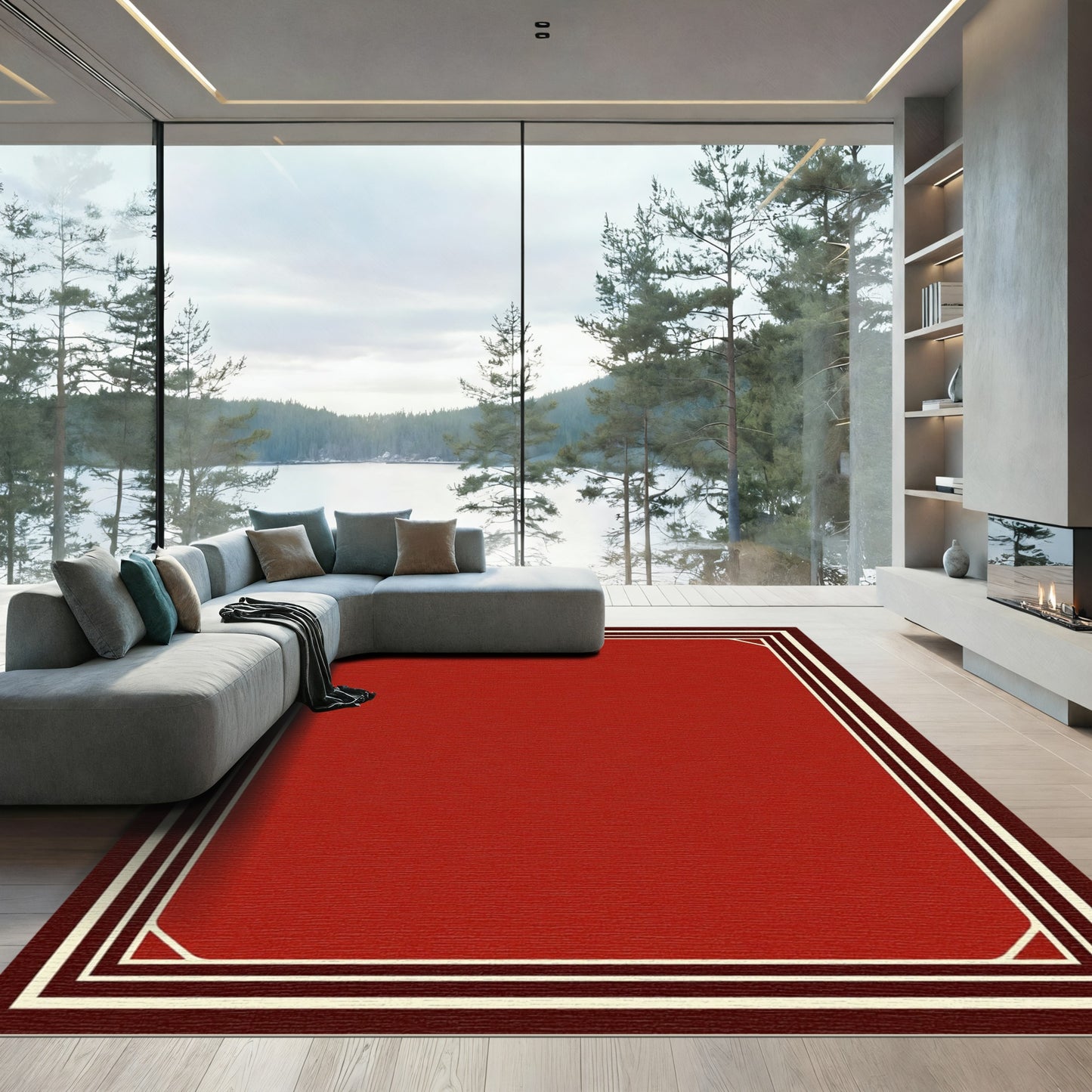 Crimson Red Bordered Rectangle Rug
