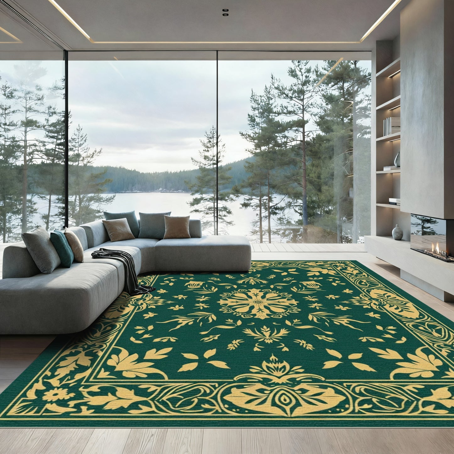 Ornate Teal Floral Border Art Rug