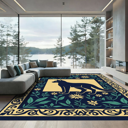 Navy Blue Floral Cat Silhouette Rug
