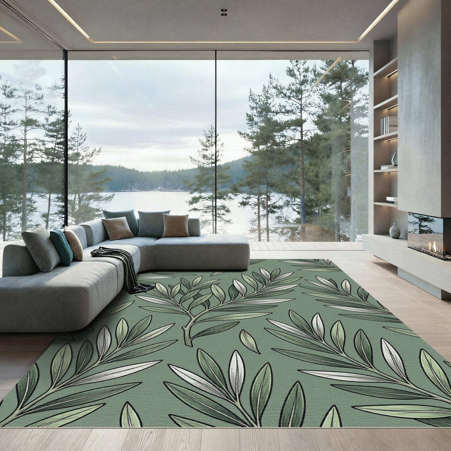 Sage Green Leafy Branch Panorama Rug