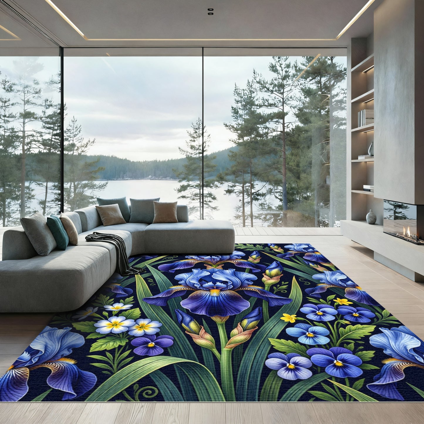 Lush Botanical Deep Blue Iris Bouquet Rug