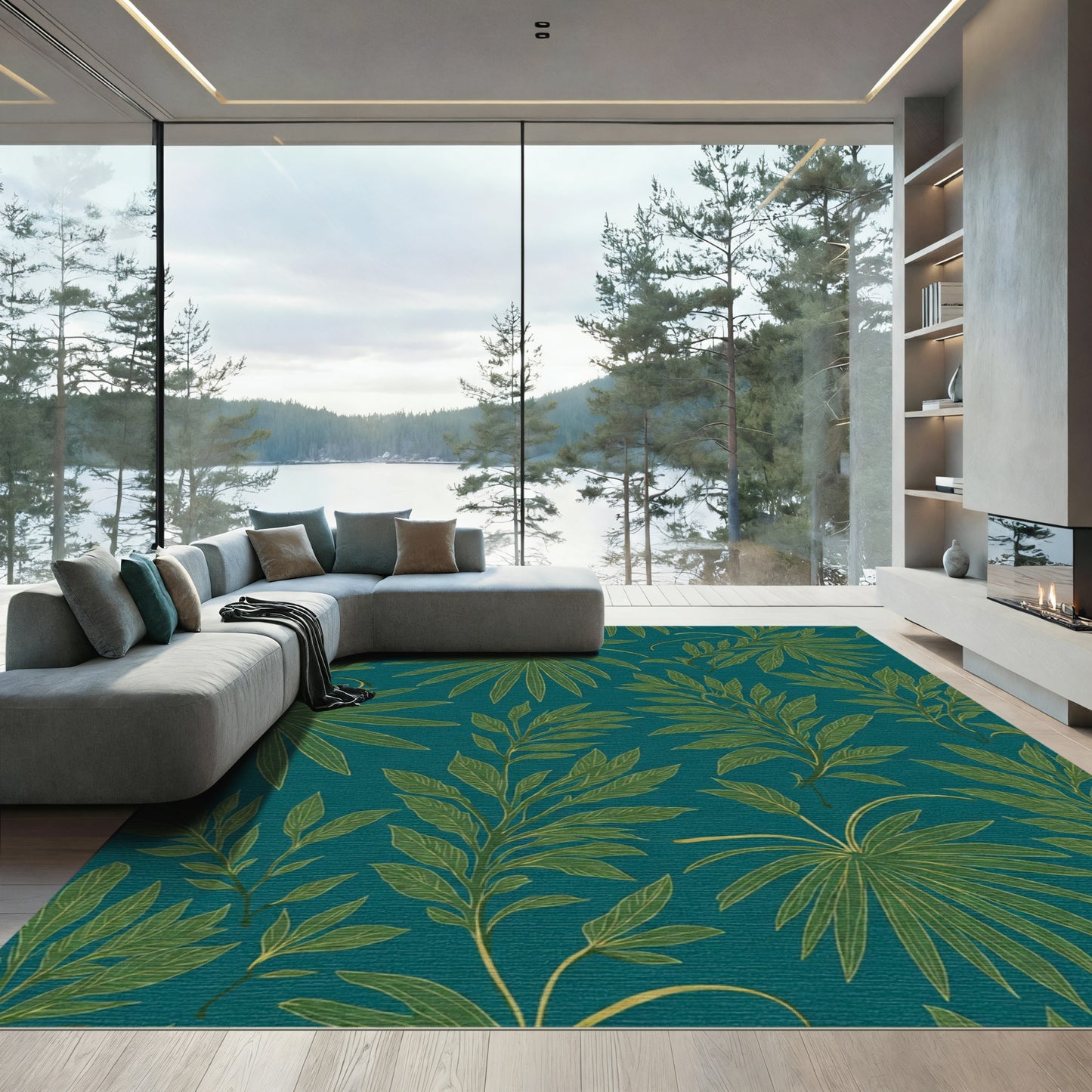Dark Teal Tropical Leaf Rug