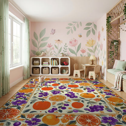 Whimsical Orange Grape Floral Border Rug