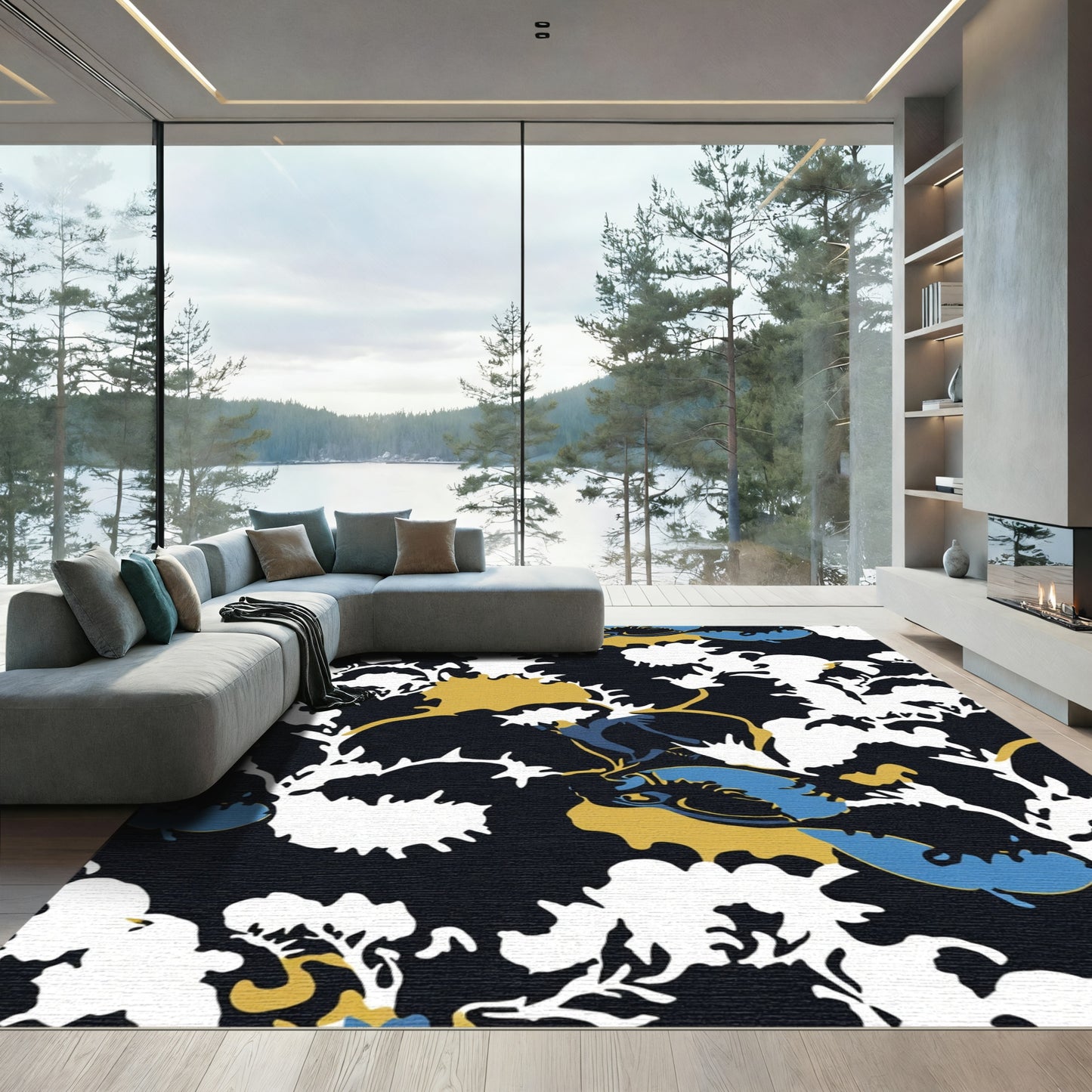 Bold Blue Abstract Floral Splatter Rug