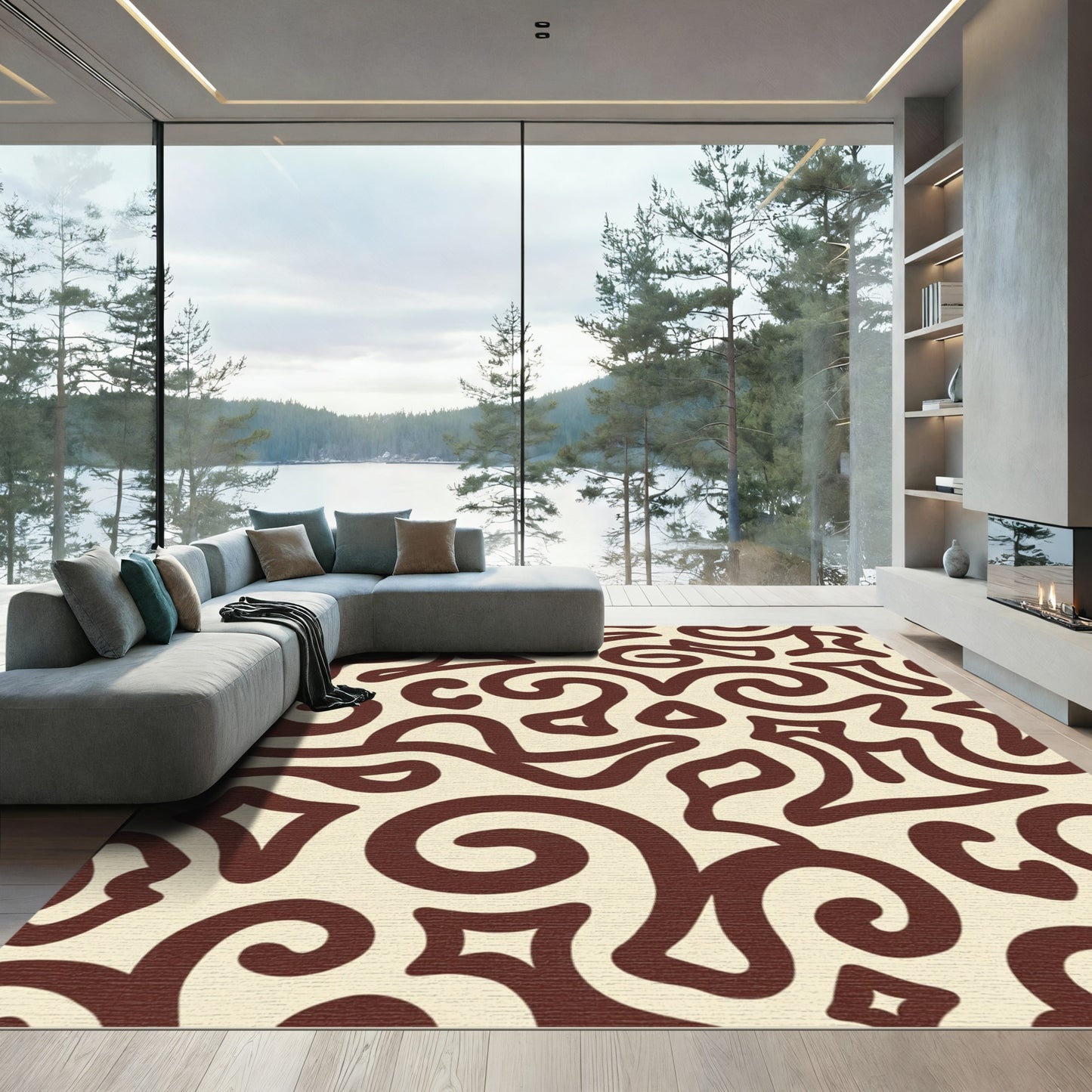Cream Brown Swirl Abstract Organic Rug
