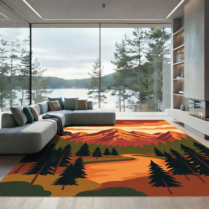 Crimson Mountains Forest River Sunset Rug