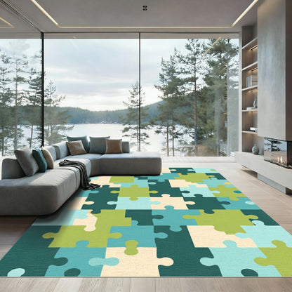 Geometric Teal and Lime Puzzle Block Rug