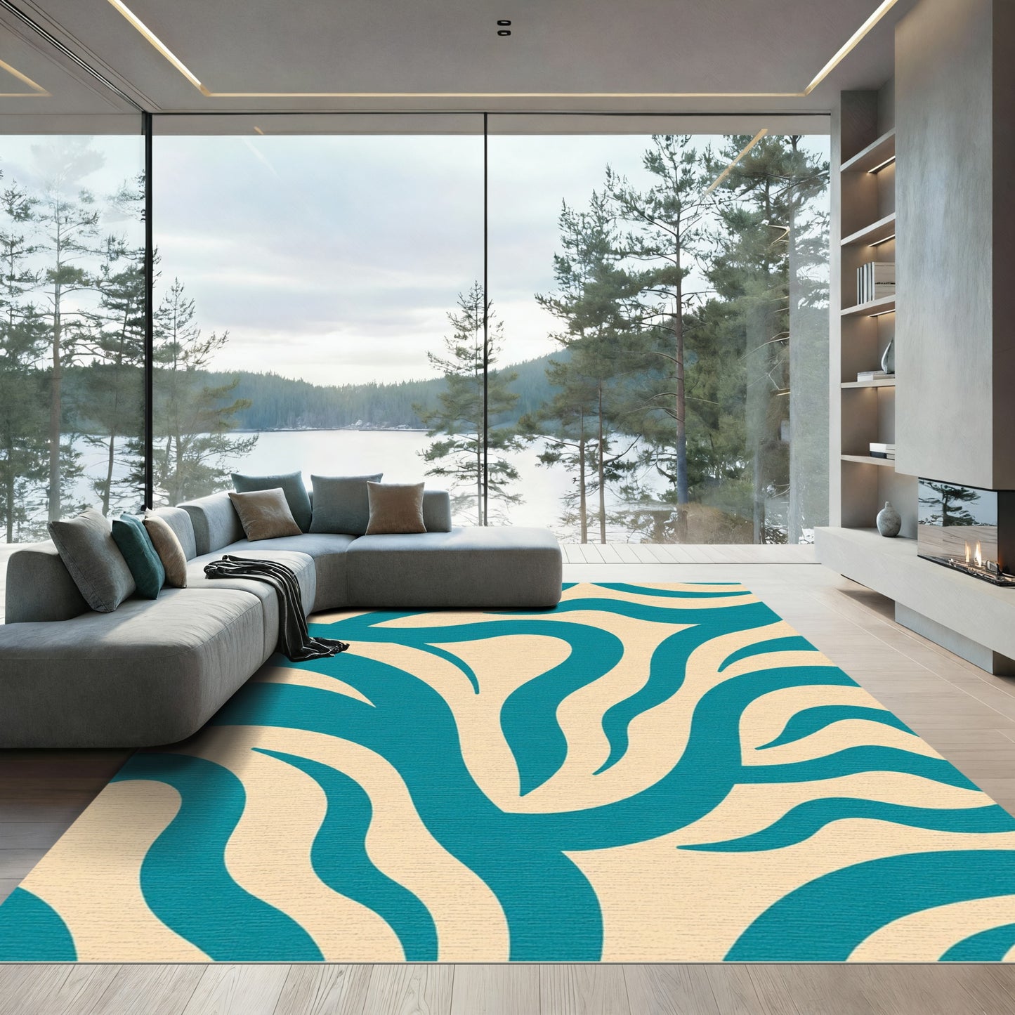 Teal Cream Curving Stripe Abstract Rug